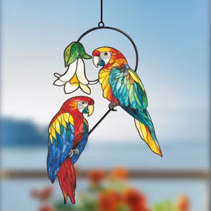 Stained glass parrot window hanging decor, colorful macaw bird suncatcher for home wall ornament.