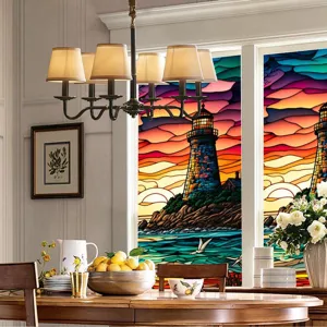 Stained glass window film detail showing vibrant sunset lighthouse design on home window glass.