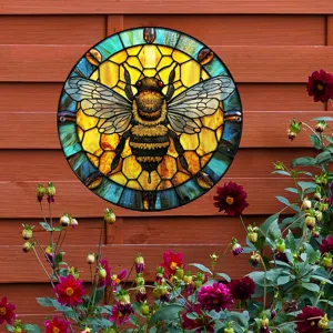 Decoracion de pared de abeja de metal, estilo vitral redondo jardin exterior patio adorno.
