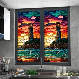 Stained glass window film static cling lighthouse sunset design removable PVC window sticker art