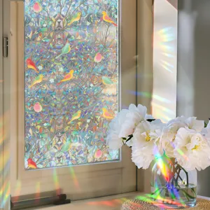 Decorative window film with colorful birds and branches design, creating rainbow prisms and light.