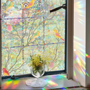 Detailed view of colorful window film with bird pattern, creating stunning rainbow light effects.