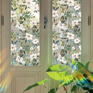 Decorative window glass film featuring beautiful white magnolia flowers and rainbow prism design.