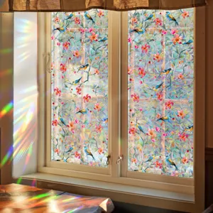 Prism Window Film Decorative Rainbow Glass Sticker Colorful Flowers Birds Static Cling Home