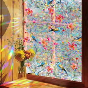 Decorative iridescent window film static cling glass sticker with colorful bird and flower pattern.