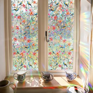 Rainbow window film 3D static cling privacy stained glass sticker with floral bird pattern.