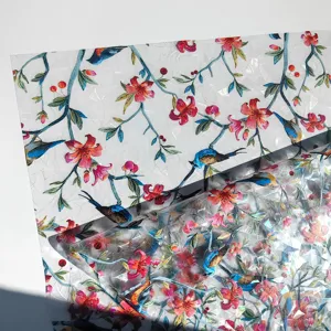 Decorative colorful window film with watercolor bird flower pattern and prism rainbow effect.
