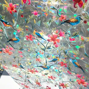 Decorative colorful holographic window film with floral and bird prism static glass sticker