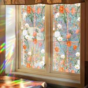 Rainbow window film static decorative glass sticker with colorful floral pattern for home decor.