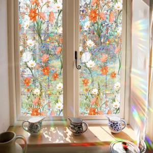 Colorful floral prism window film detail showing rainbow light refraction effect on glass.