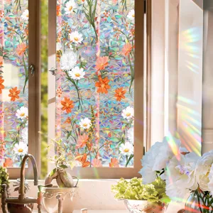 Prism rainbow window film static cling decorative glass sticker with floral pattern for home decor.