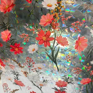 Detailed close-up view of holographic rainbow floral static window glass sticker film.