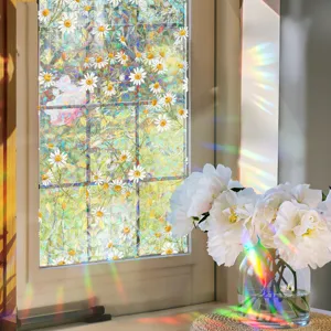 Rainbow window film with daisy pattern, colorful static cling glass sticker for home decor.