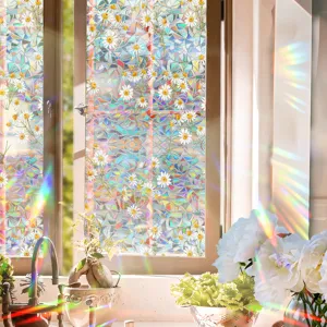 Holographic rainbow window film static cling privacy glass sticker featuring cute daisy floral pattern.