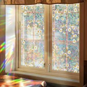 Decorative rainbow window film with lovely daisy pattern static glass sticker for home privacy.