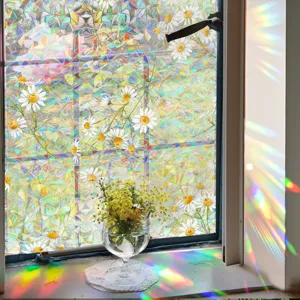 Rainbow window film static cling privacy stained glass sticker decorative daisy flower window decal