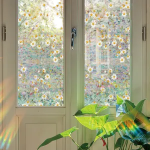 Iridescent glass window film with rainbow prism effect and white daisy floral static cling design.