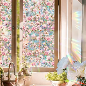 Decorative window film with pink magnolia flowers and prism rainbow glass privacy sticker.