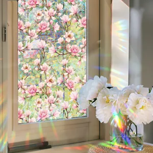 Decorative pink floral window film, static cling glass sticker with prism rainbow light effect.