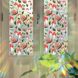 Rainbow suncatcher window film, static decorative sticker with snail and mushroom patterns.