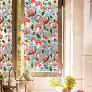 Decorative colorful window film with mushroom and snail patterns for rainbow prism effects.