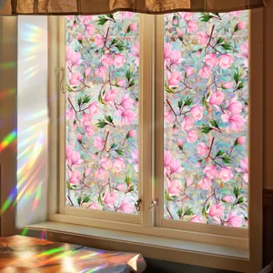 Detailed scene of decorative window film displaying colorful rainbow prism light refractions.