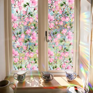 Stained glass window film with pink floral pattern, suncatcher rainbow prism static film.
