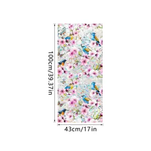 Waterproof static window sticker with watercolor bird and cherry blossom design, 100x43cm.