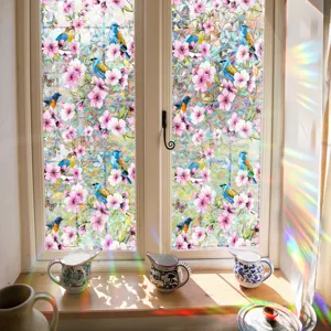 Stained glass window film with cherry blossom and bird pattern for colorful suncatcher decor.