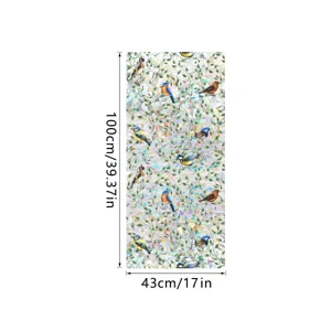 Decorative window film with colorful birds and leaves pattern, static privacy glass sticker.