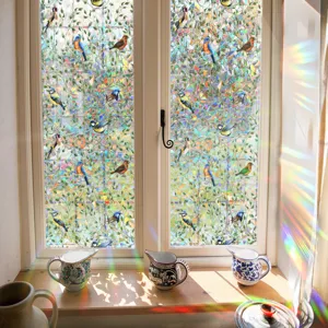 Colorful stained glass window film suncatcher static prism sticker with birds and leaves.