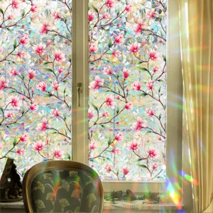 Colorful prismatic window film with magnolia pattern, static cling suncatcher decal.