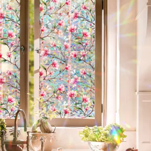 Rainbow window film with magnolia flower pattern, static cling glass sticker for home decor.