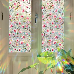 Colorful rainbow window film static glass sticker with floral sun catcher prism design.
