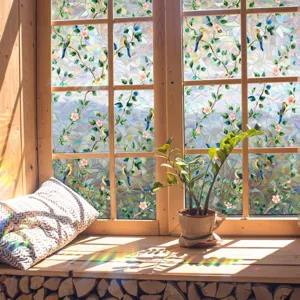 Colorful prism window film static cling suncatcher with beautiful birds and floral design.