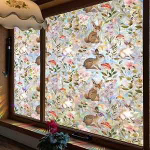 Decorative rainbow window film featuring cute bunny and floral prism suncatcher design.