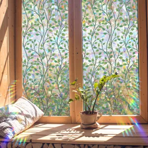 Rainbow window film suncatcher decorative static cling glass sticker with green vine leaf design.