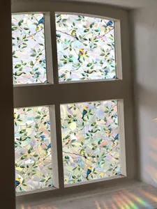 Rainbow window film sun catcher static glass sticker with green leaves and cute bird design.
