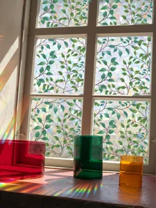 Colorful rainbow window film static privacy glass sticker for home decor and sun catcher effect.