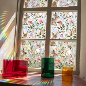 Rainbow Window Film Sun Catcher Static Glass Sticker with Cute Rabbits Forest Design