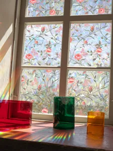 Suncatcher iridescent glass window film rainbow static sticker with roses and butterflies.
