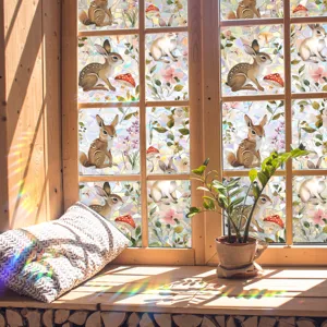 Colorful rainbow window film with cute rabbit pattern, sun catcher prismatic glass sticker.
