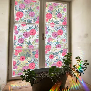 Colorful rainbow window film suncatcher static cling glass sticker for home decor detail view.