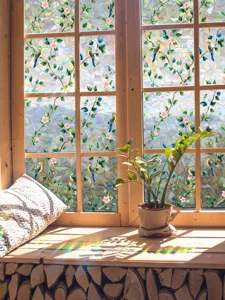 Colorful stained glass window film sun catcher static cling rainbow sticker birds flowers