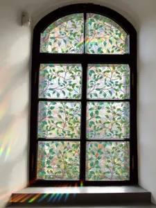 Stained glass window film with green leaf pattern, rainbow prism sun catcher sticker for home.