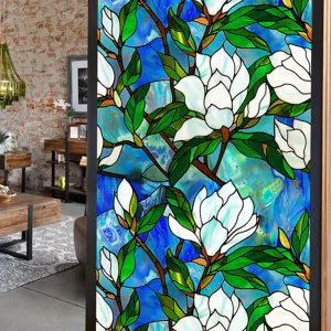 Stained glass window film with white magnolia flower pattern, UV blocking static privacy film.