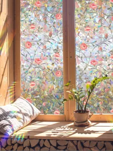 Rainbow window film static glass sticker with beautiful pink rose pattern for home decor glass.