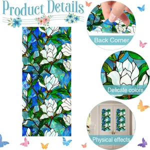 Close-up detail view and application effect of stained glass window film with white magnolia.
