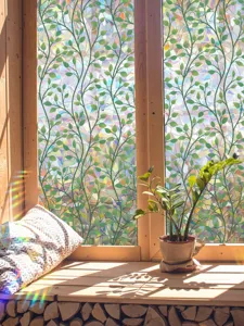 Rainbow window film static cling decorative stained glass sticker with green leaves