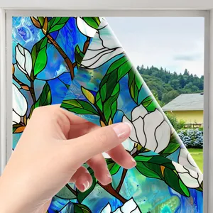 Stained glass magnolia window film, static cling privacy decal for glass doors and windows.